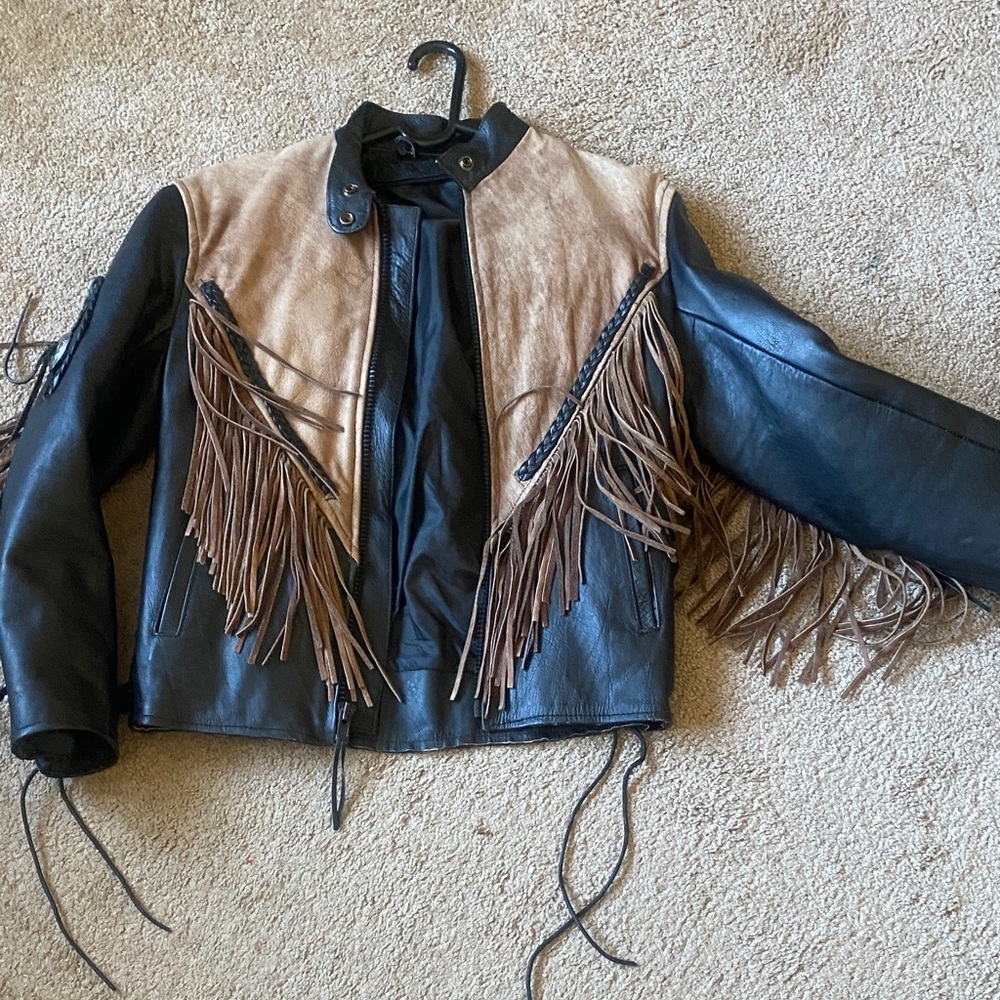 Source Unknown Black and Tan Leather Fringe Jacket